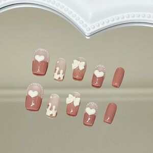 Press-on nails heart and bow pearl